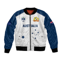 White and navy Australia cricket bomber jacket with full zip, ribbed cuffs, crest on chest