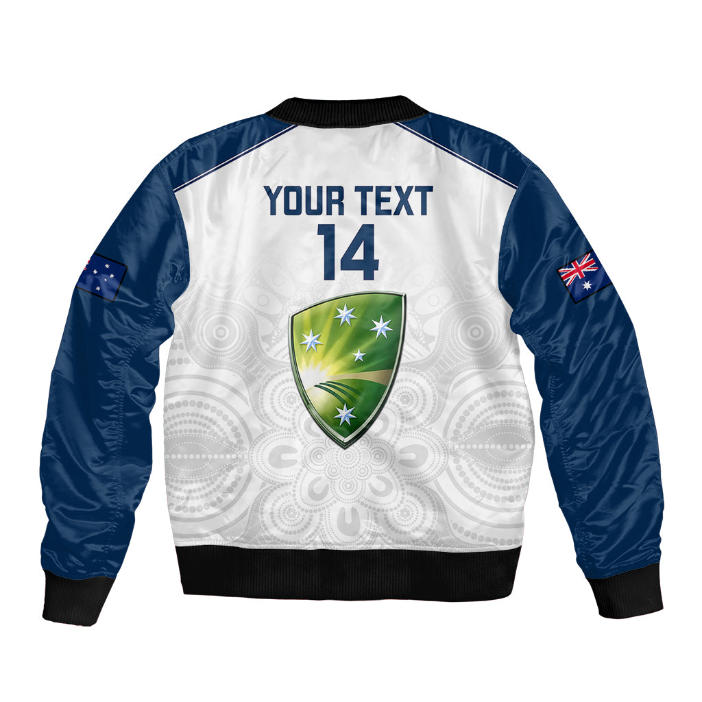 White and navy bomber jacket back print with 'YOUR TEXT' and shield, full zip, ribbed hem