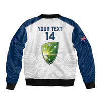 White and navy bomber jacket back print with 'YOUR TEXT' and shield, full zip, ribbed hem