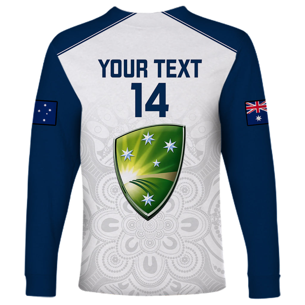 White long-sleeve cricket shirt with navy raglan sleeves, 'YOUR TEXT' and 14 shield graphic