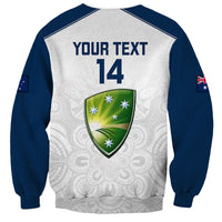 Personalized Australia cricket sweatshirt, white back with navy raglan sleeves and green shield