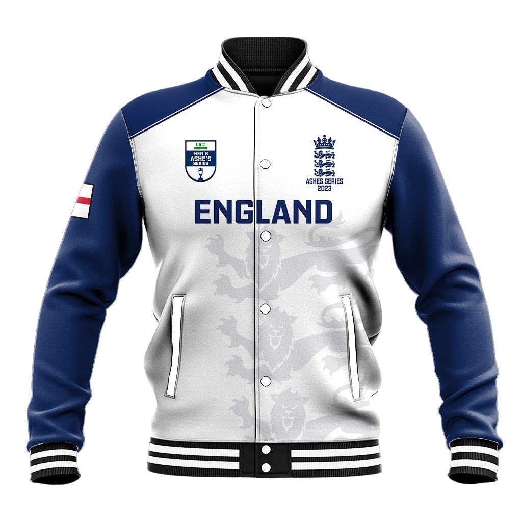 Cricket varsity baseball jacket, white body, blue sleeves, snap front, England crest