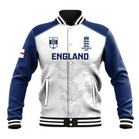 Cricket varsity baseball jacket, white body, blue sleeves, snap front, England crest