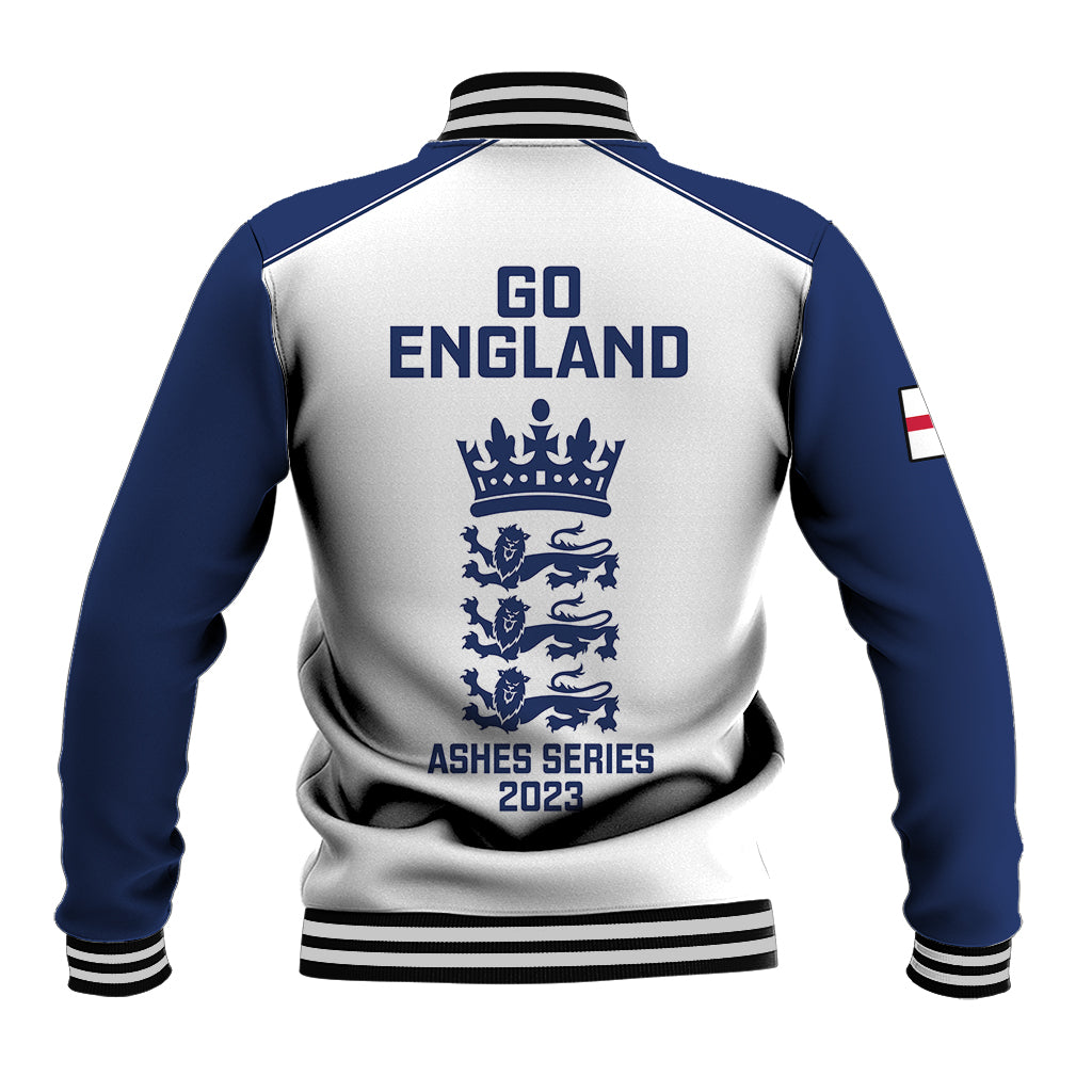Cricket varsity baseball jacket back, white and blue with GO ENGLAND text, crown logo