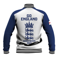 Cricket varsity baseball jacket back, white and blue with GO ENGLAND text, crown logo