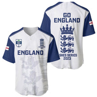 England cricket baseball jersey, front and back views in white/navy with Ashes Series 2023