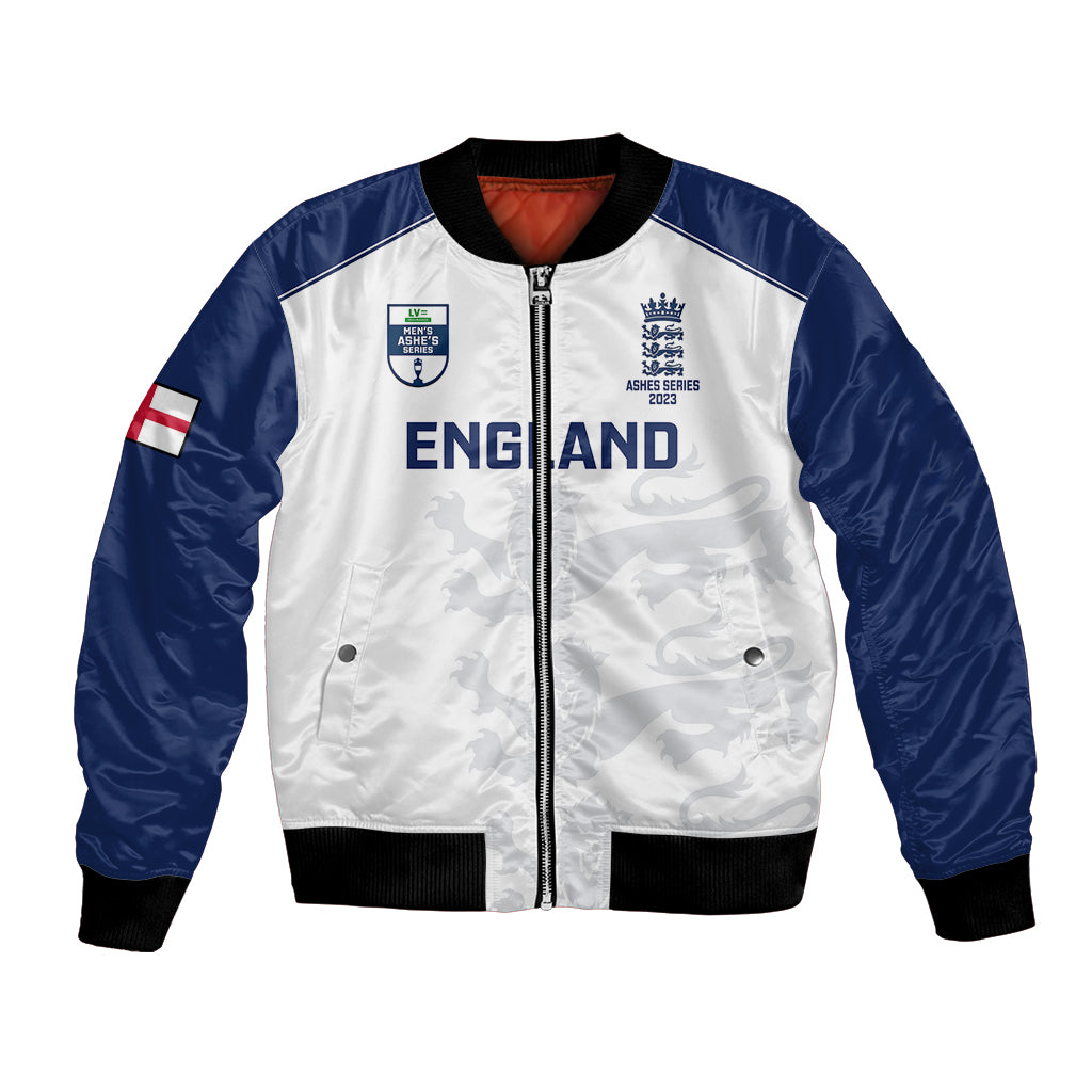 White bomber jacket with navy sleeves, full zip front, England crest and pockets