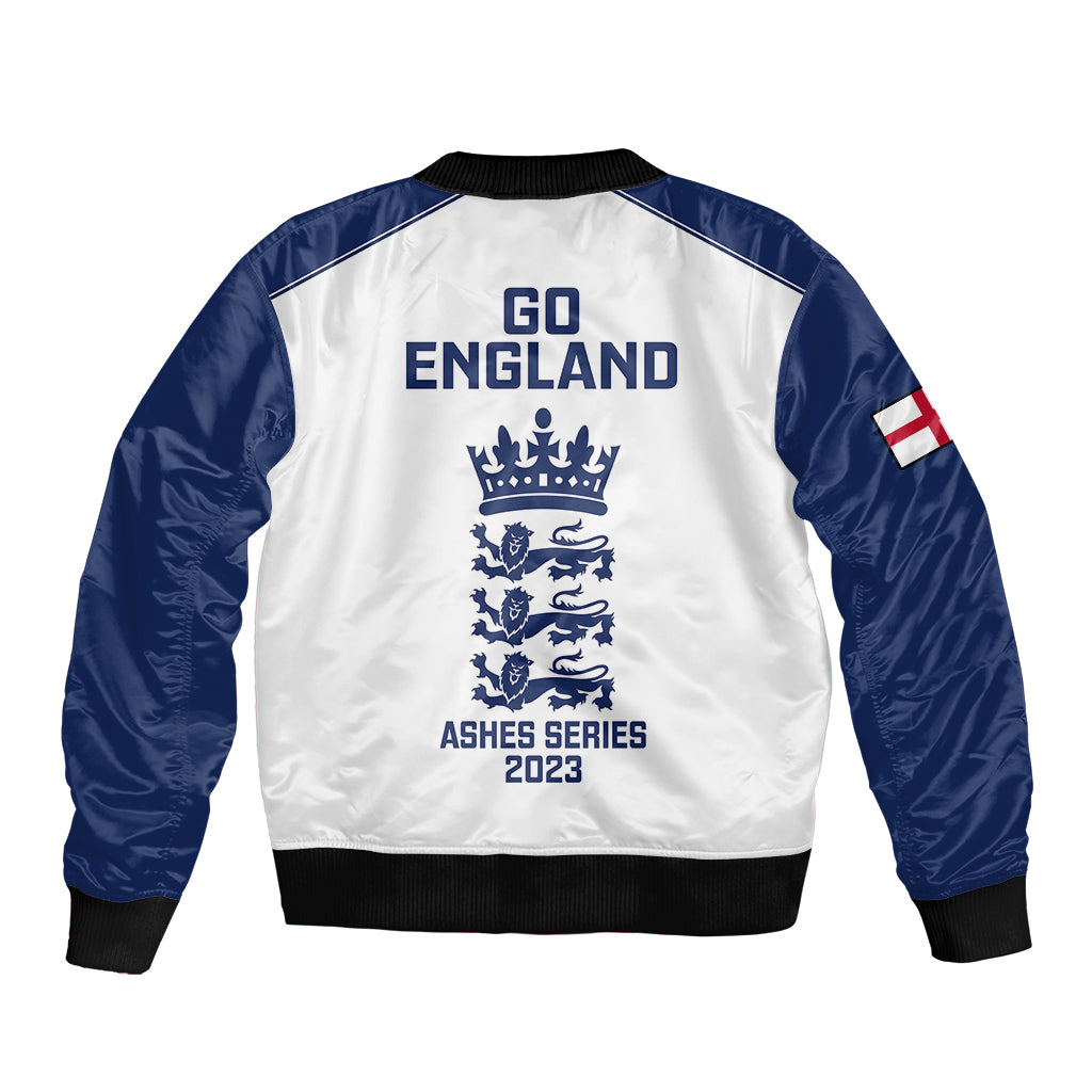 White and navy bomber jacket with GO ENGLAND back graphic and ribbed cuffs