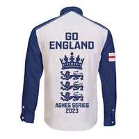 England cricket long-sleeve button shirt back, white with navy sleeves, Go England crest