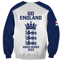 England cricket sweatshirt, ash back with navy sleeves; 'GO ENGLAND' and Ashes 2023 crest