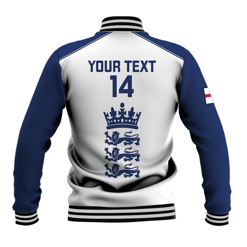 Baseball jacket back with YOUR TEXT 14 and England crest, white body, blue sleeves