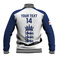 Baseball jacket back with YOUR TEXT 14 and England crest, white body, blue sleeves