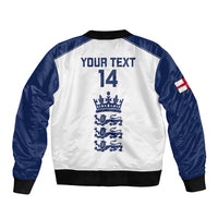 White and navy bomber jacket back with 'YOUR TEXT 14' crest