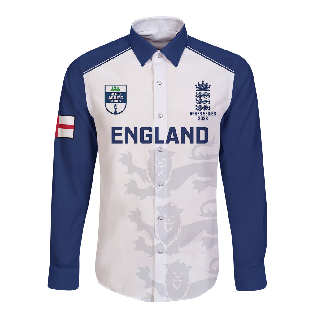 Personalised England cricket long-sleeve button shirt, white and navy with crest