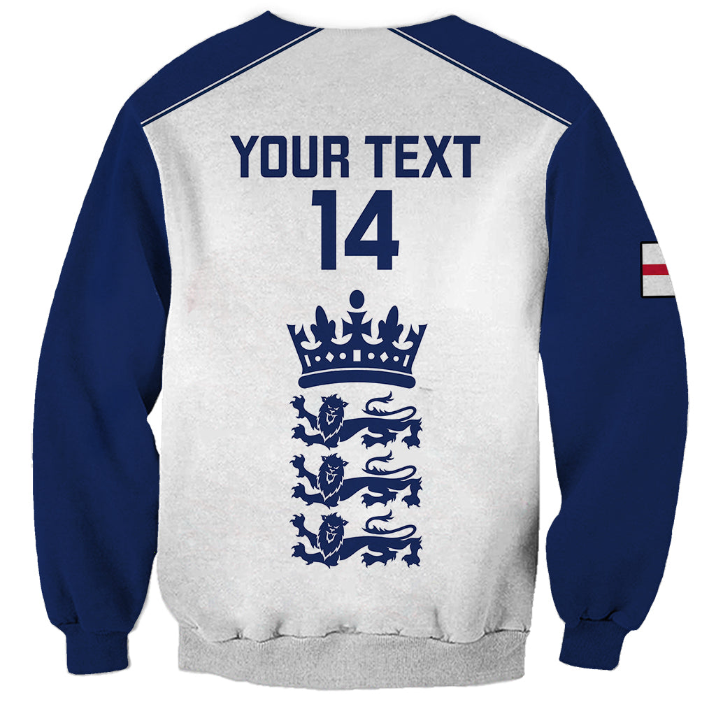 Navy-and-white cricket sweatshirt back print: 'YOUR TEXT' 14 with crown crest