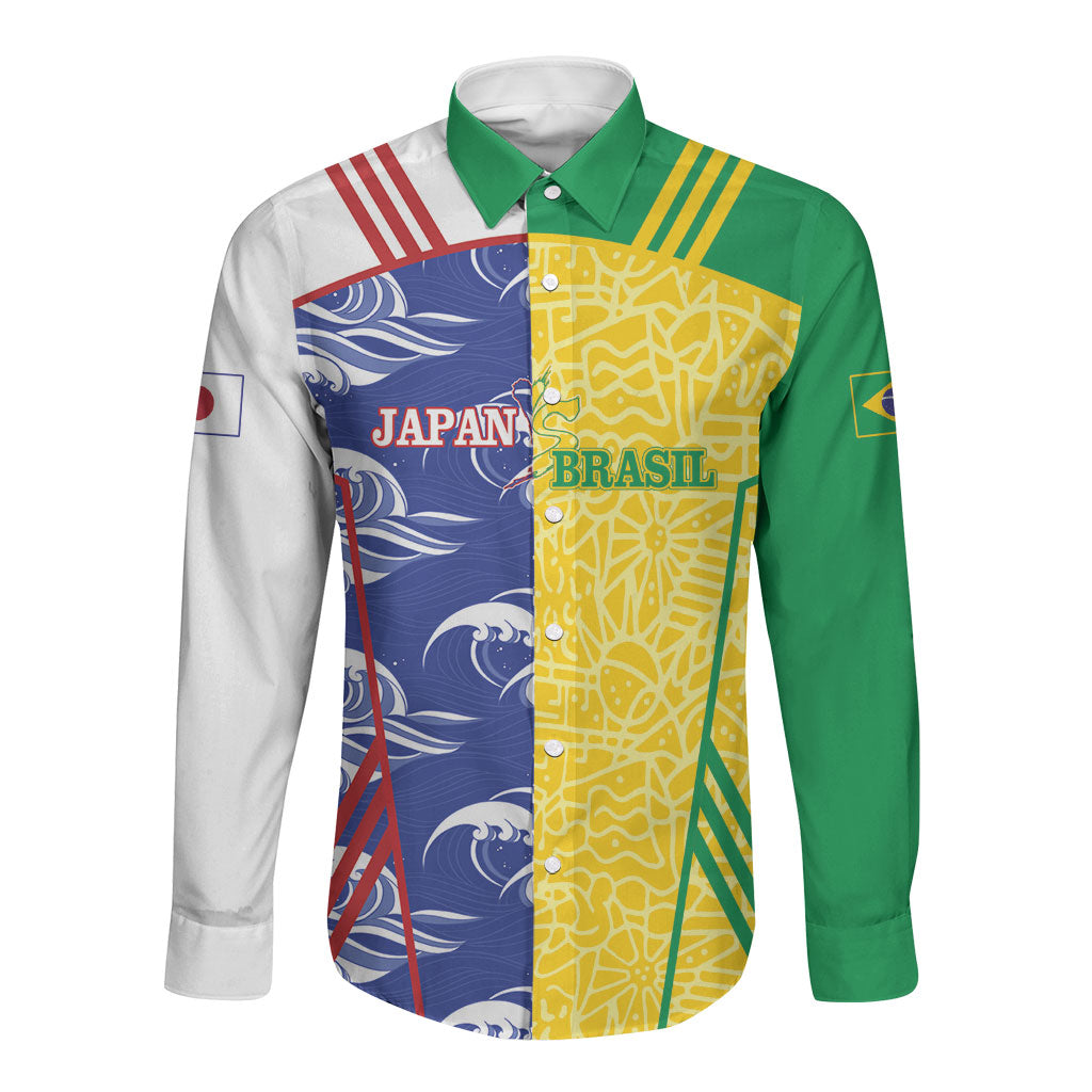 Custom Brazil and Japan Football 2026 Long Sleeve Button Shirt Selecao Samurai Blue Together