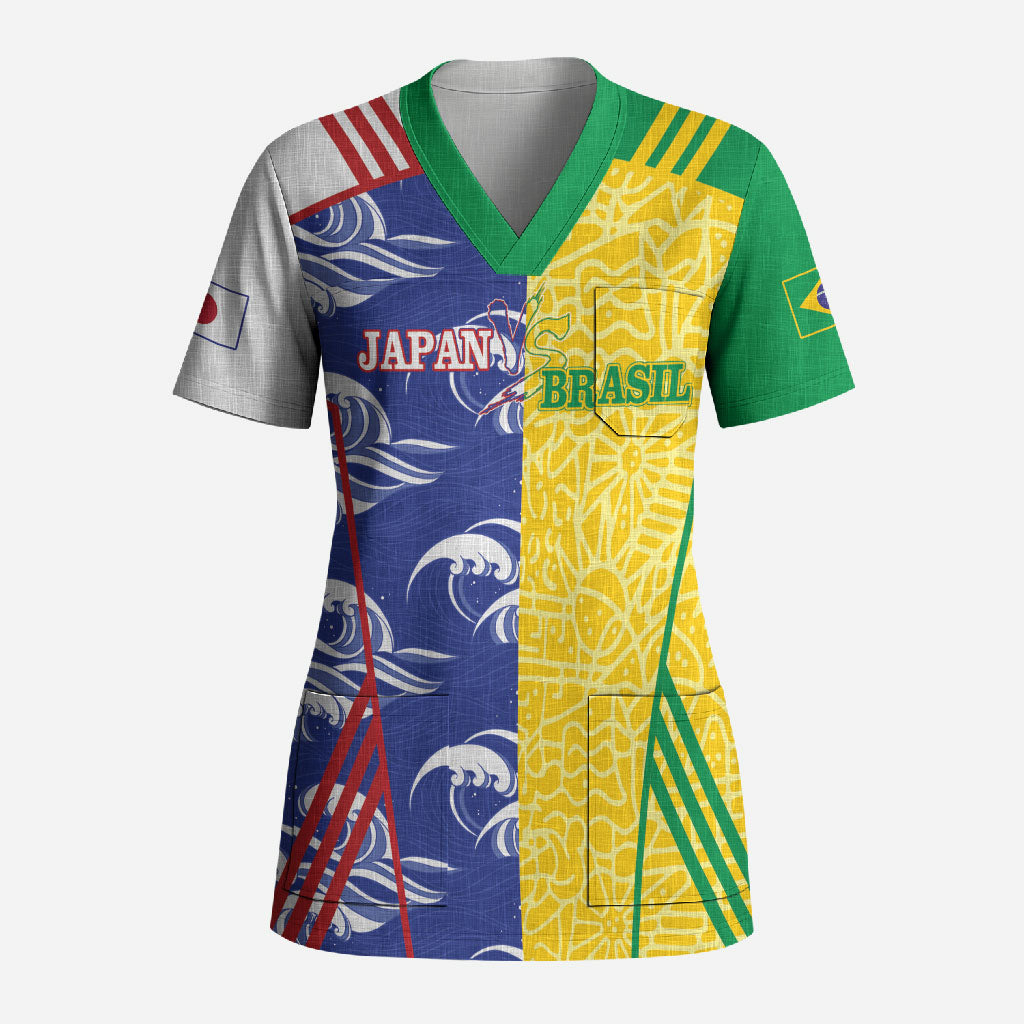 Custom Brazil and Japan Football 2026 Scrub Top Selecao Samurai Blue Together