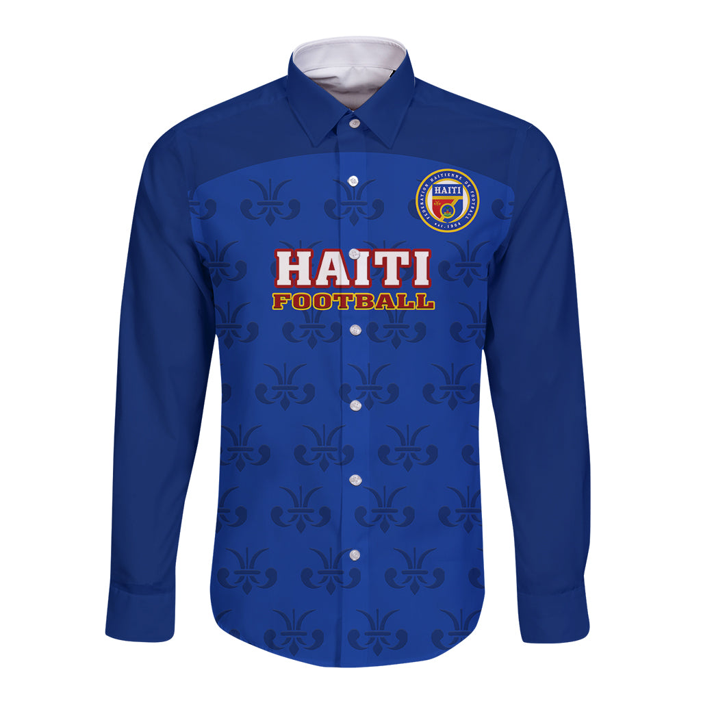 Blue long-sleeve football button shirt with crest and Haiti Football graphic front