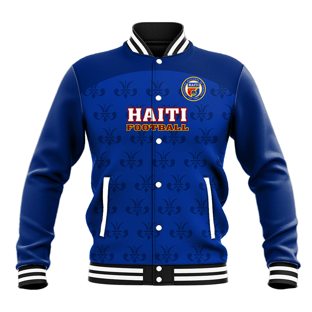Blue baseball jacket with striped rib collar and cuffs, snap front, Haiti Football crest