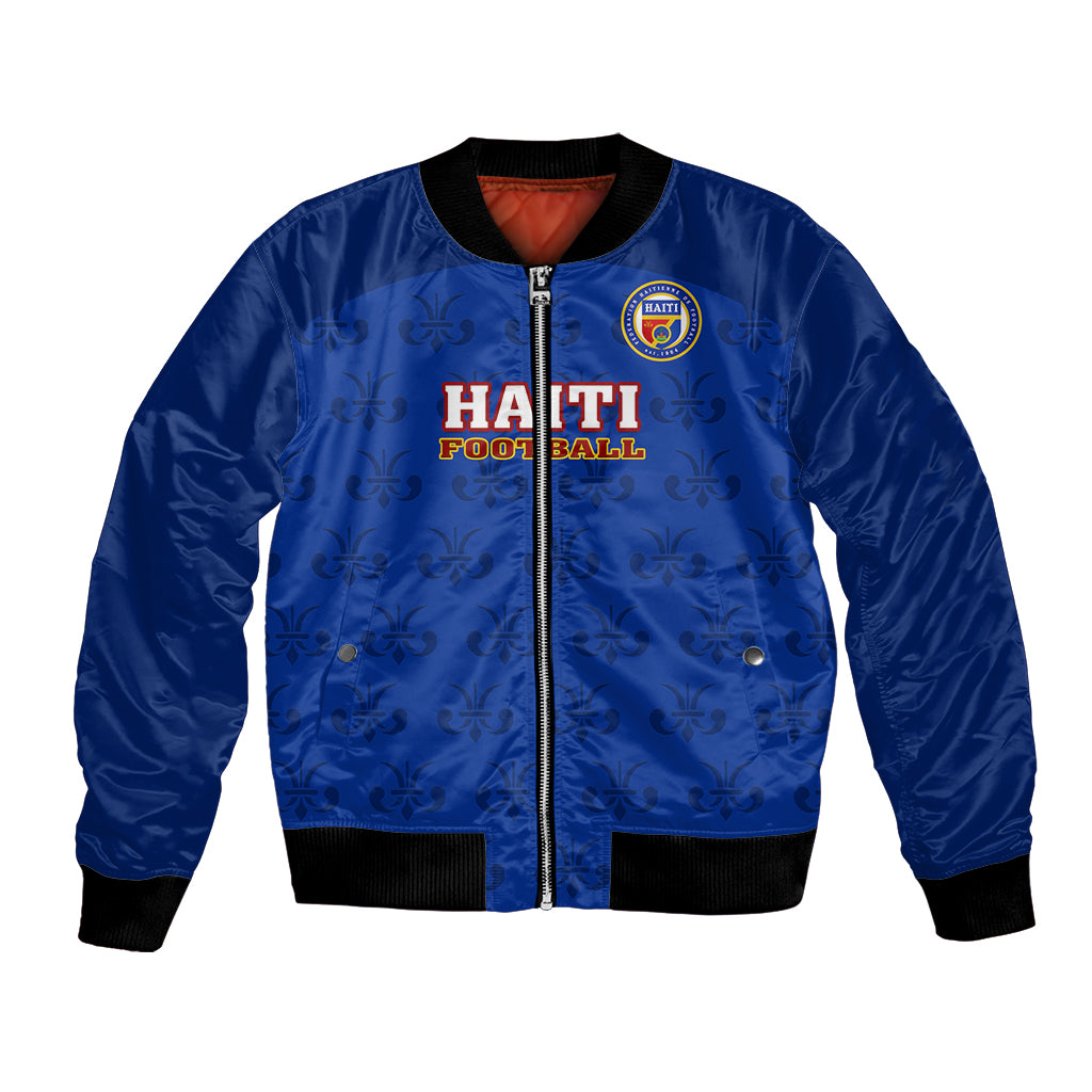Blue Haiti football bomber jacket with front zipper and team crest, ribbed black trim