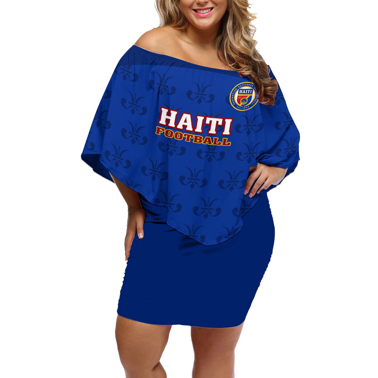 Custom Haiti Football Off Shoulder Short Dress Les Grenadieres 2023 World Cup Blue Version - Wonder Print Shop