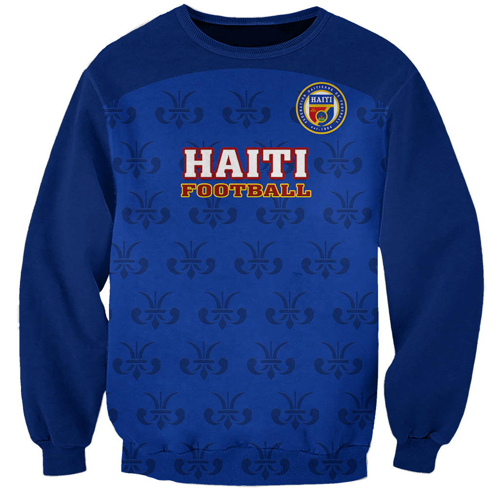 Blue crewneck football sweatshirt with Haiti crest and Haiti Football graphic front