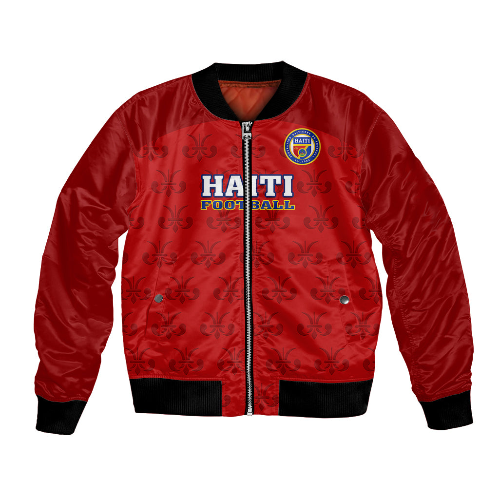 Red football bomber jacket with front zipper, Haiti crest and black rib trim