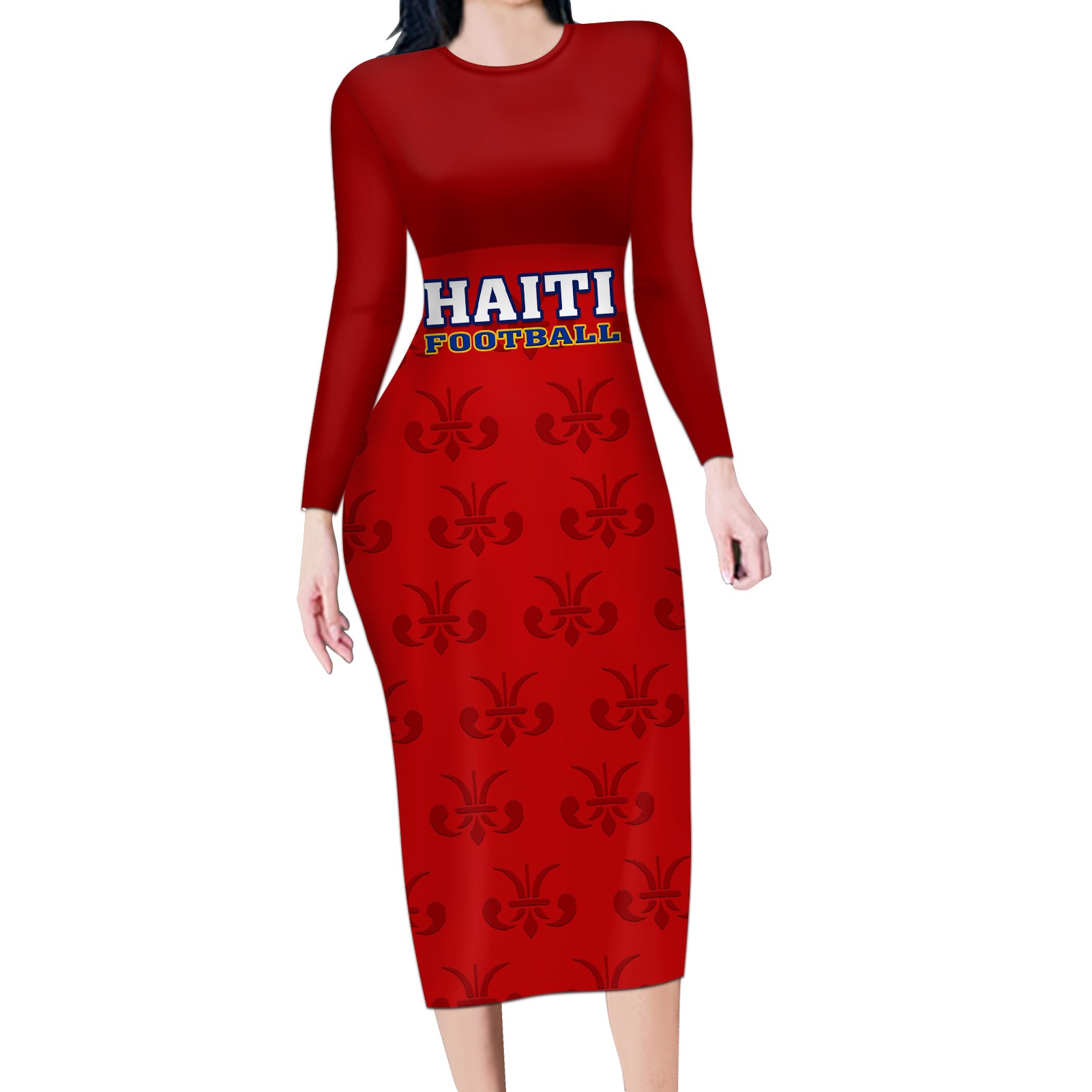 Haiti Football Long Sleeve Bodycon Dress Les Grenadieres 2023 World Cup Red Version - Wonder Print Shop