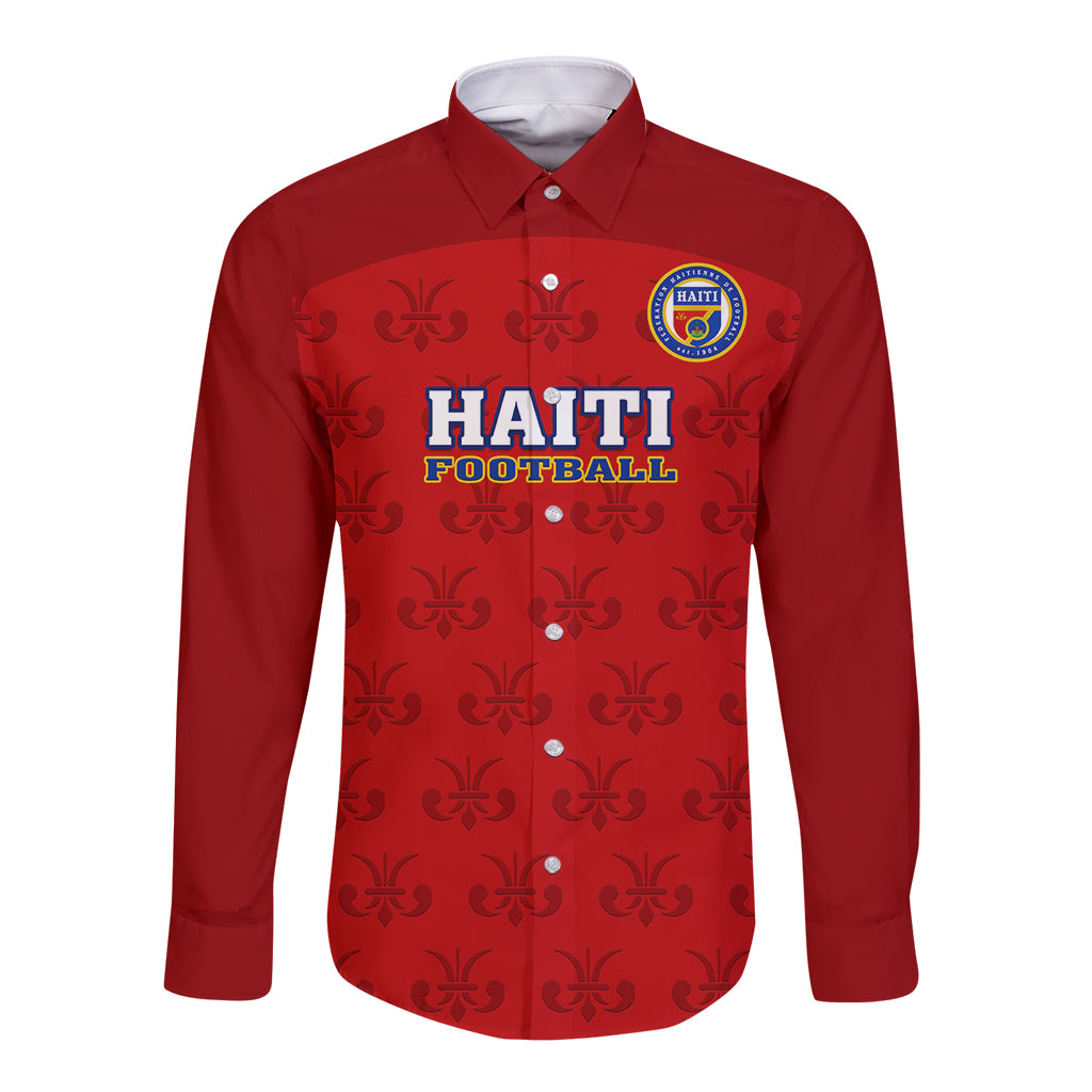 Red long-sleeve football button shirt with front crest and badge-style logo