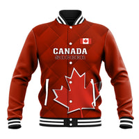 Red Canada soccer baseball jacket with striped ribbed collar, snap buttons, maple leaf
