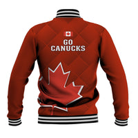 Red baseball jacket back with Go Canucks print, striped ribbed collar, snap buttons, maple leaf
