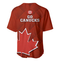 Red soccer baseball jersey with Go Canucks text and large maple leaf on back