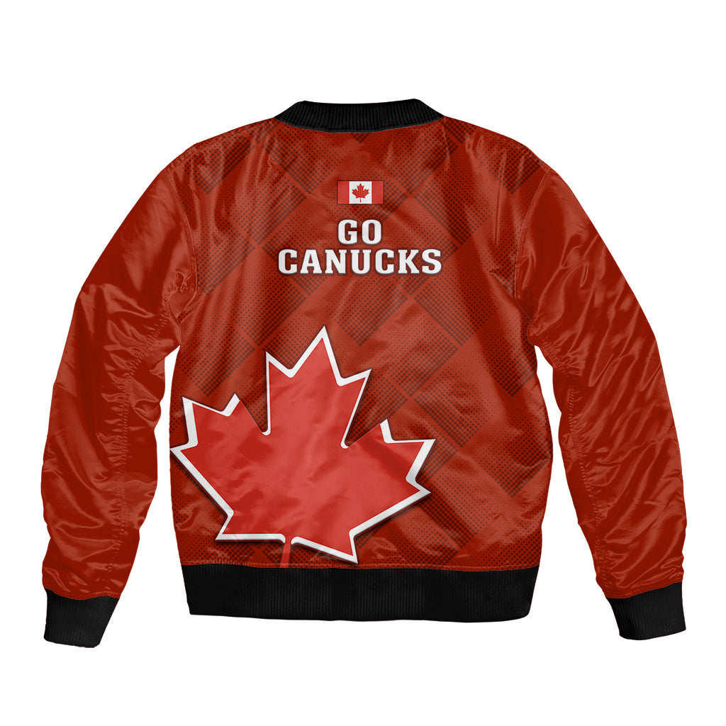 Unisex red bomber jacket with Go Canucks text and large maple leaf on back