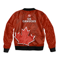 Unisex red bomber jacket with Go Canucks text and large maple leaf on back