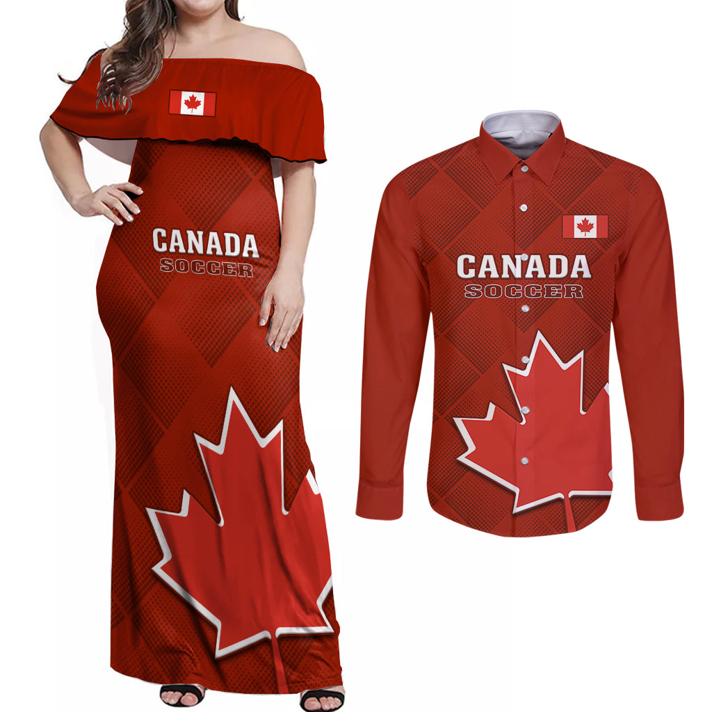 Canada Soccer Couples Matching Off Shoulder Maxi Dress and Long Sleeve Button Shirts Go Canucks Maple Leaf 2023 World Cup - Wonder Print Shop