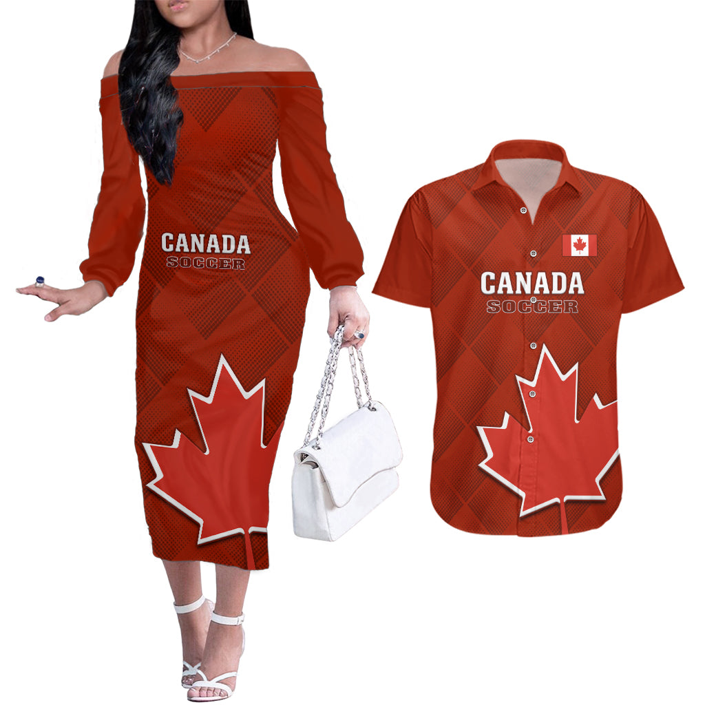 Canada Soccer Couples Matching Off The Shoulder Long Sleeve Dress and Hawaiian Shirt Go Canucks Maple Leaf 2023 World Cup - Wonder Print Shop