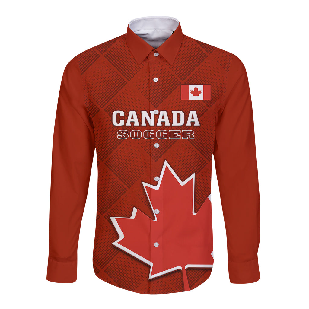 Red long-sleeve button shirt with Canada Soccer logo and maple leaf patch