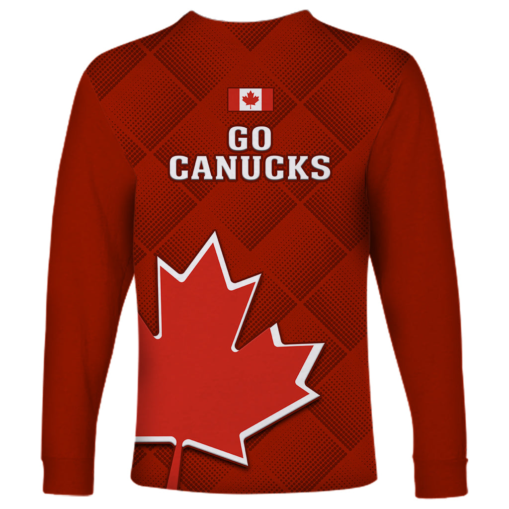 Red long-sleeve soccer shirt with Go Canucks text and large maple leaf logo