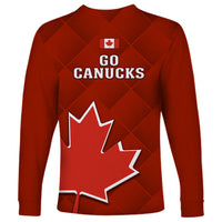 Red long-sleeve soccer shirt with Go Canucks text and large maple leaf logo