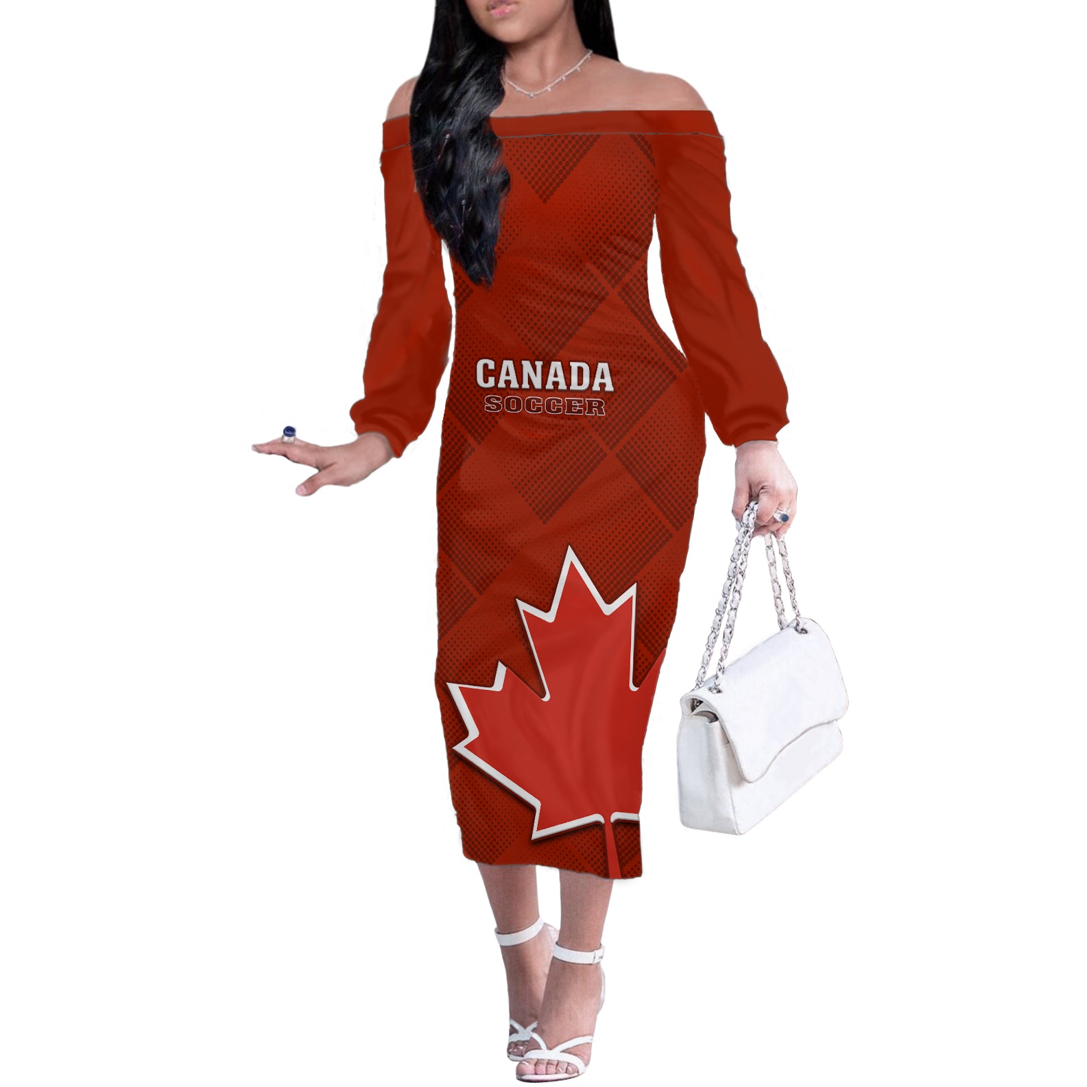 Canada Soccer Off The Shoulder Long Sleeve Dress Go Canucks Maple Leaf 2023 World Cup - Wonder Print Shop