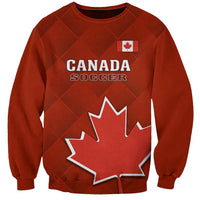 Red Canada soccer sweatshirt with CANADA SOCCER text and large maple leaf graphic