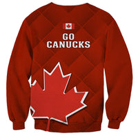Red sweatshirt back with GO CANUCKS text and large maple leaf graphic