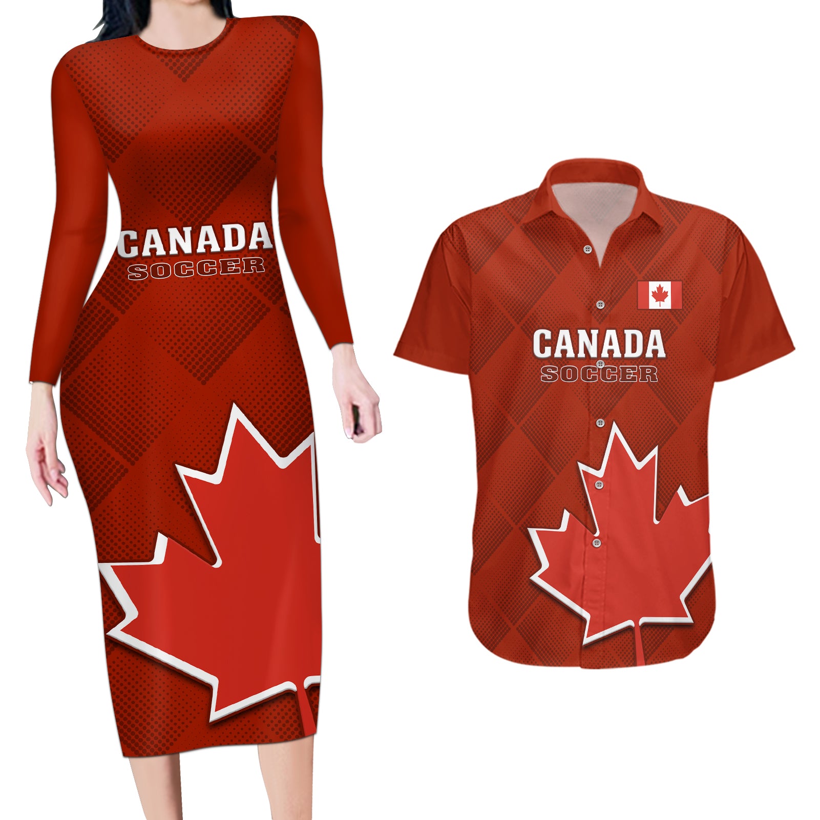 Custom Canada Soccer Couples Matching Long Sleeve Bodycon Dress and Hawaiian Shirt Go Canucks Maple Leaf 2023 World Cup - Wonder Print Shop