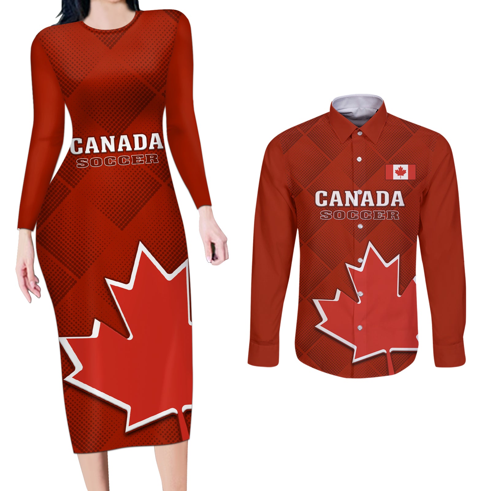 Custom Canada Soccer Couples Matching Long Sleeve Bodycon Dress and Long Sleeve Button Shirts Go Canucks Maple Leaf 2023 World Cup - Wonder Print Shop