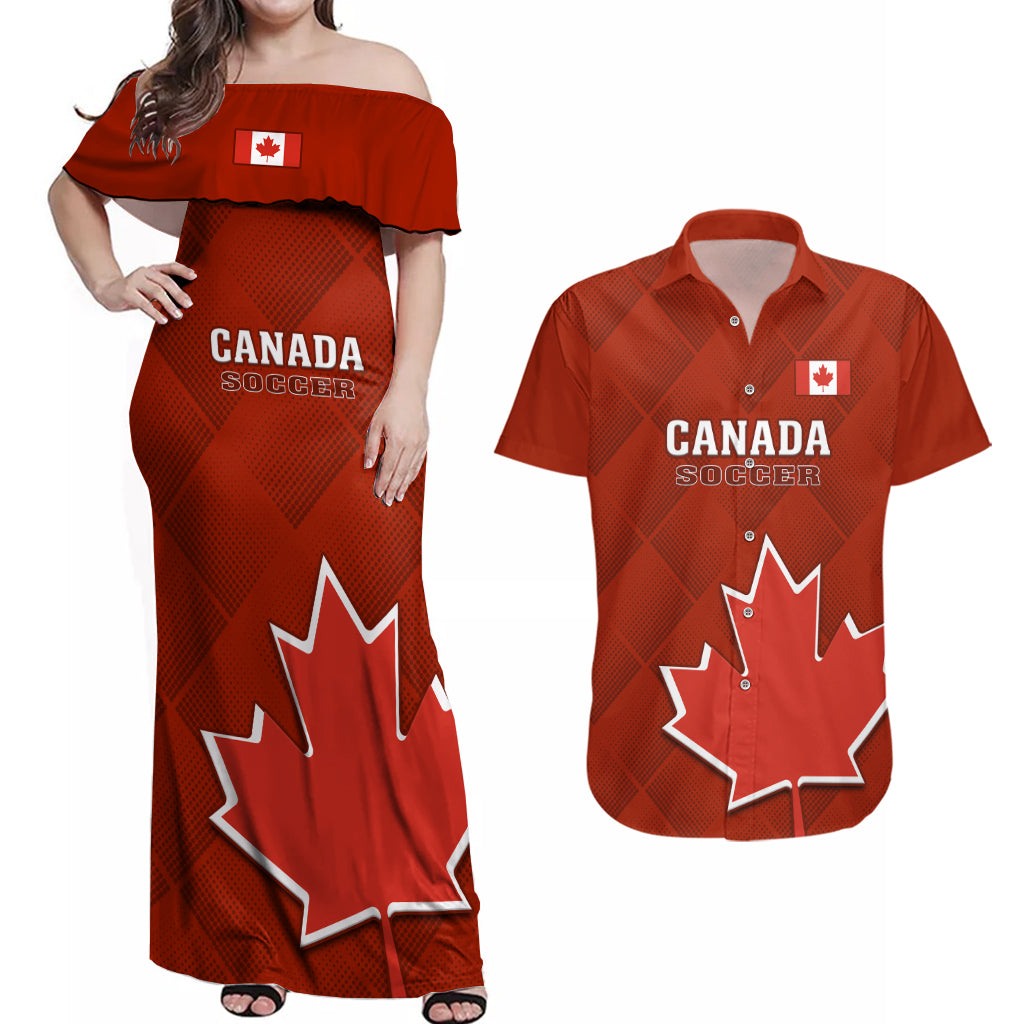 Custom Canada Soccer Couples Matching Off Shoulder Maxi Dress and Hawaiian Shirt Go Canucks Maple Leaf 2023 World Cup - Wonder Print Shop