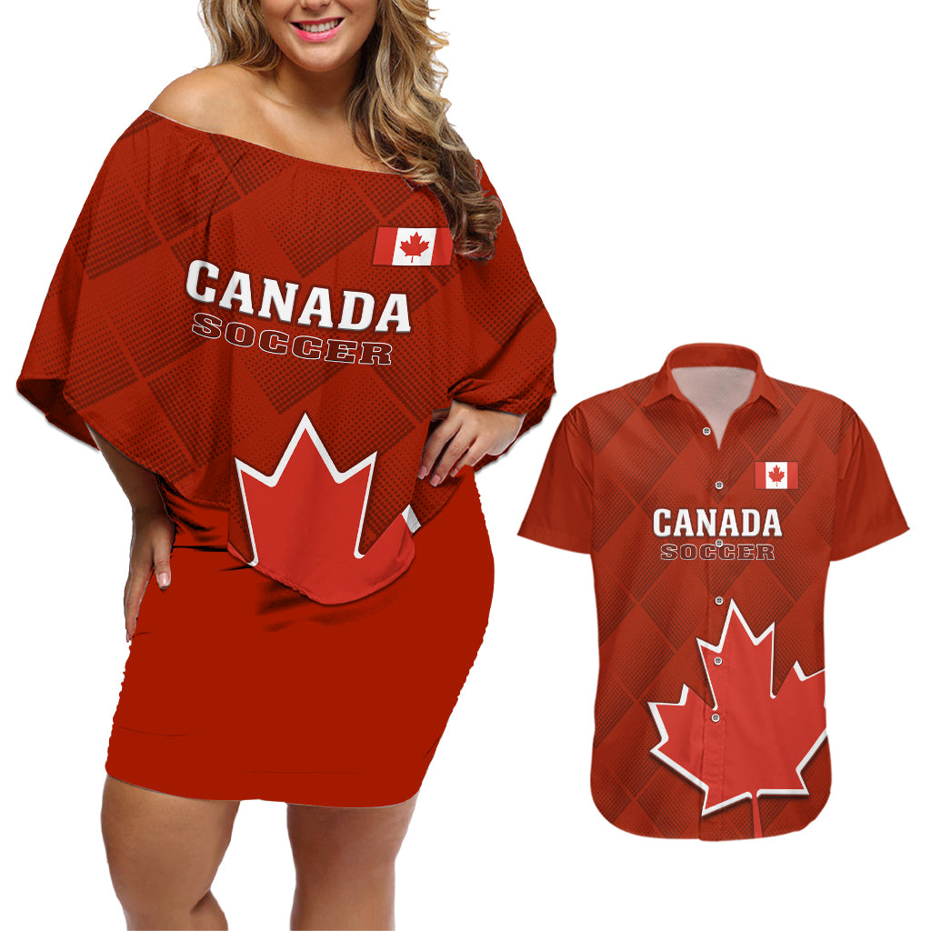 Custom Canada Soccer Couples Matching Off Shoulder Short Dress and Hawaiian Shirt Go Canucks Maple Leaf 2023 World Cup - Wonder Print Shop