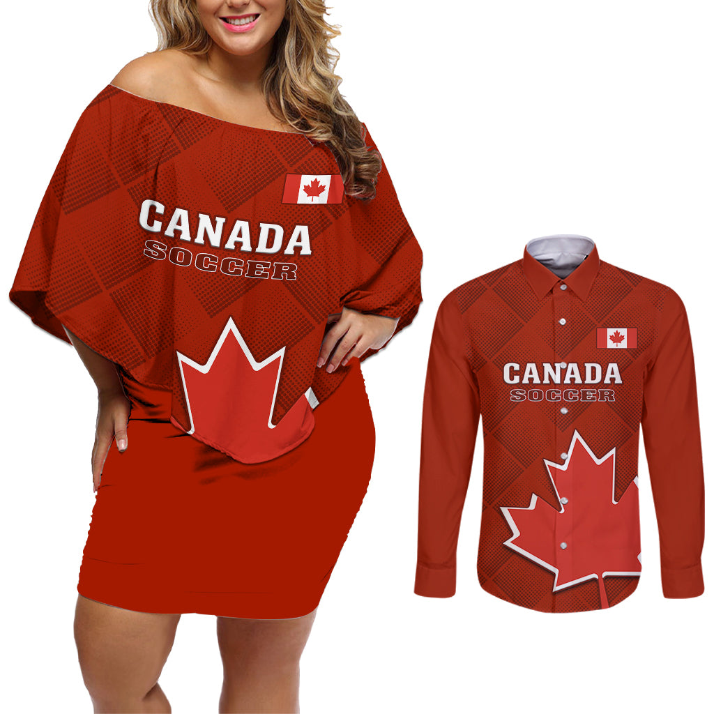 Custom Canada Soccer Couples Matching Off Shoulder Short Dress and Long Sleeve Button Shirts Go Canucks Maple Leaf 2023 World Cup - Wonder Print Shop