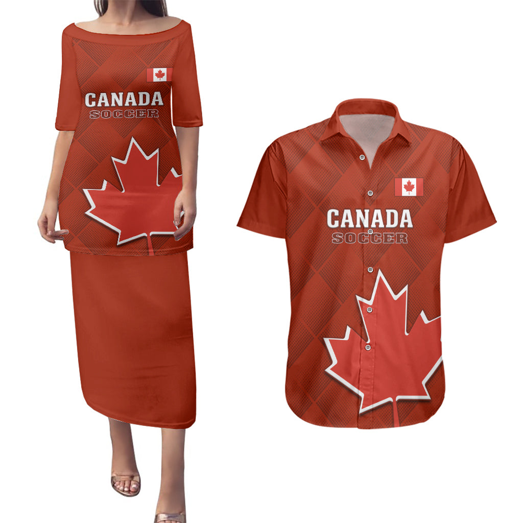 Custom Canada Soccer Couples Matching Puletasi Dress and Hawaiian Shirt Go Canucks Maple Leaf 2023 World Cup - Wonder Print Shop