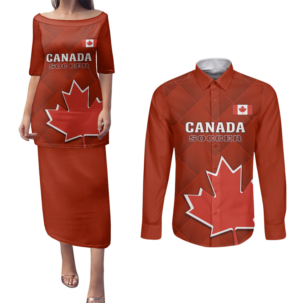 Custom Canada Soccer Couples Matching Puletasi Dress and Long Sleeve Button Shirts Go Canucks Maple Leaf 2023 World Cup - Wonder Print Shop