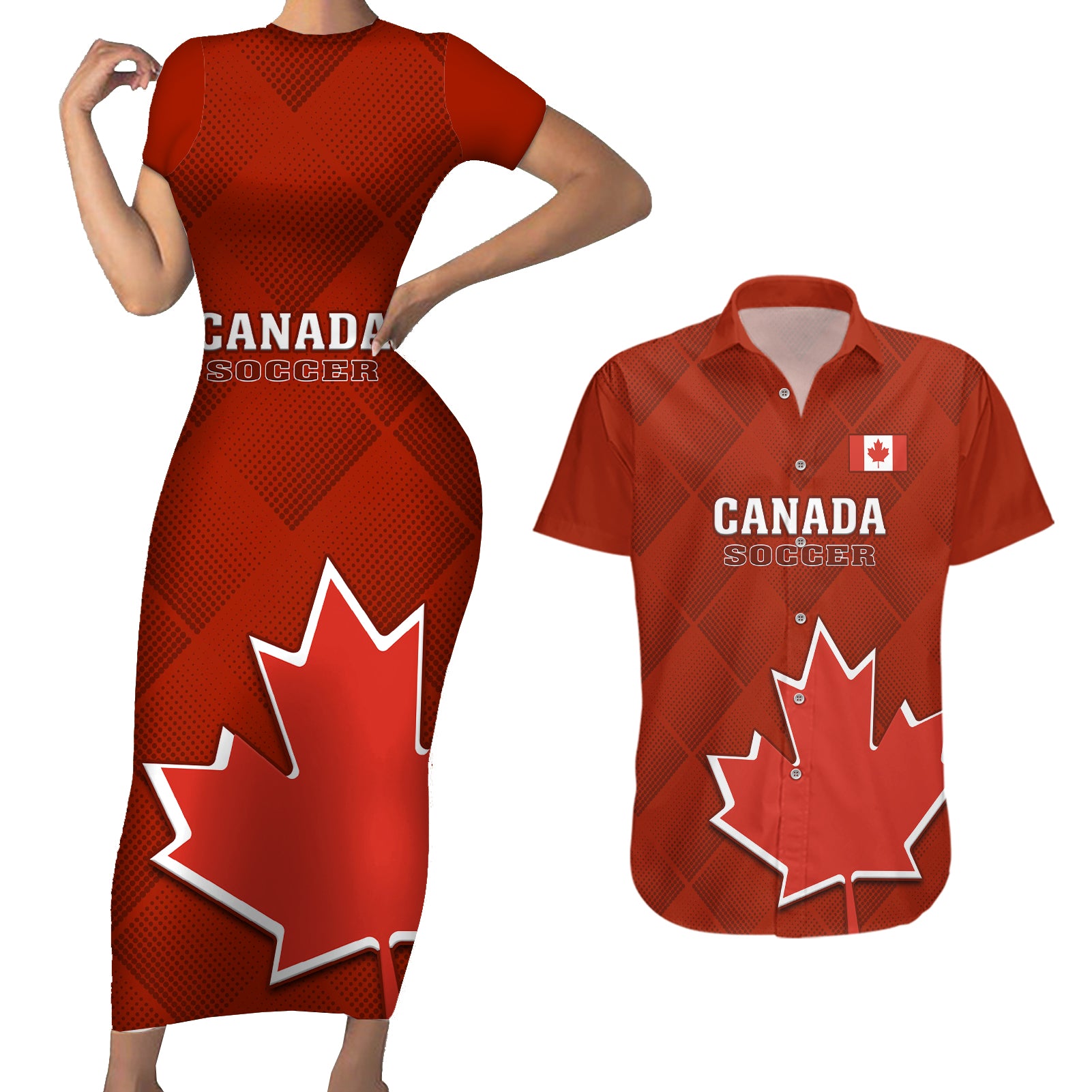 Custom Canada Soccer Couples Matching Short Sleeve Bodycon Dress and Hawaiian Shirt Go Canucks Maple Leaf 2023 World Cup - Wonder Print Shop